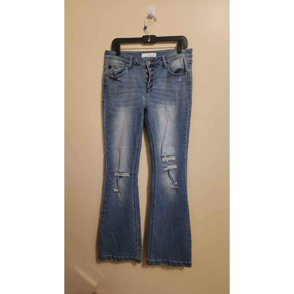 Kancan Flare Distressed Fly Button Blue Jeans Sz 30
